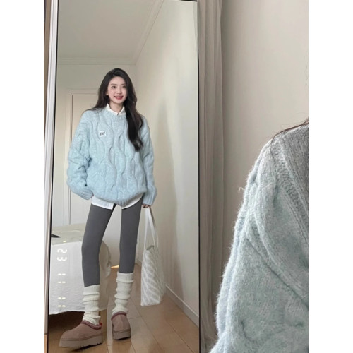 韓系軟糯圓領毛衣女秋冬季奶fufu寬松外穿慵懶風加厚針織麻花上衣