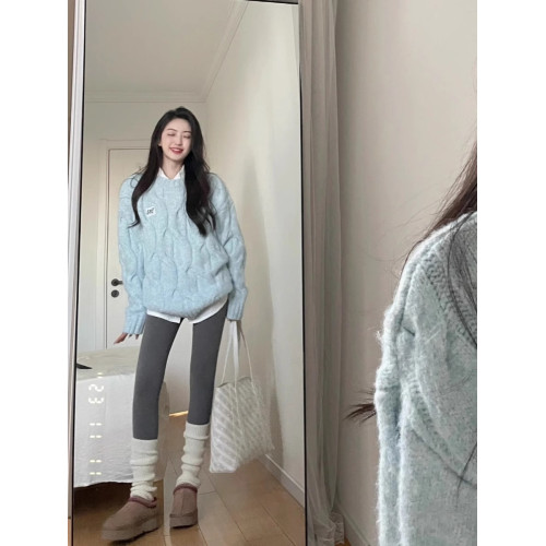 韓系軟糯圓領毛衣女秋冬季奶fufu寬松外穿慵懶風加厚針織麻花上衣