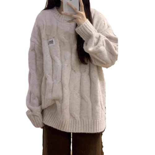 韓系軟糯圓領毛衣女秋冬季奶fufu寬松外穿慵懶風加厚針織麻花上衣