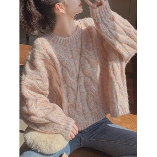 軟糯麻花毛衣女秋冬季新款加絨加厚外穿針織衫寬松短款小個子上衣
