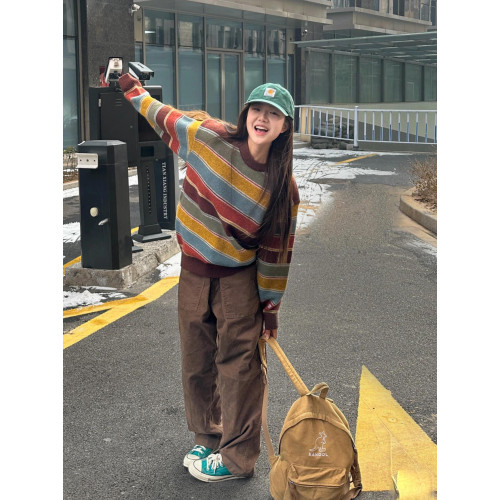慵懶復古彩條紋毛衣女圓領秋冬長袖百搭鹽系針織套頭軟糯加厚上衣