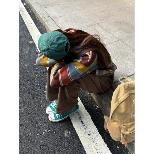 慵懶復古彩條紋毛衣女圓領秋冬長袖百搭鹽系針織套頭軟糯加厚上衣