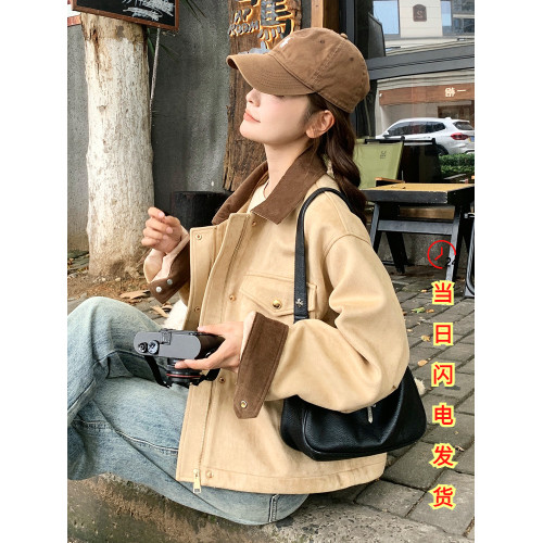 卡其色麂皮絨工裝外套女春秋2025新款小個子復古休閒寬松短款夾克 卡其色麂皮絨工裝外套女春秋2025新款小個子復古休閒寬松短款夾克