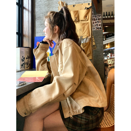 卡其色麂皮絨工裝外套女春秋2025新款小個子復古休閒寬松短款夾克 卡其色麂皮絨工裝外套女春秋2025新款小個子復古休閒寬松短款夾克