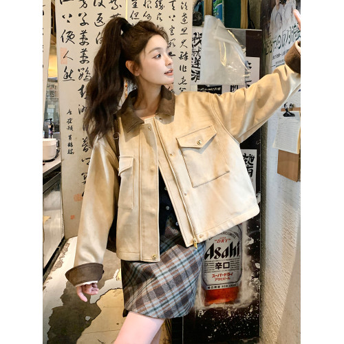 卡其色麂皮絨工裝外套女春秋2025新款小個子復古休閒寬松短款夾克 卡其色麂皮絨工裝外套女春秋2025新款小個子復古休閒寬松短款夾克