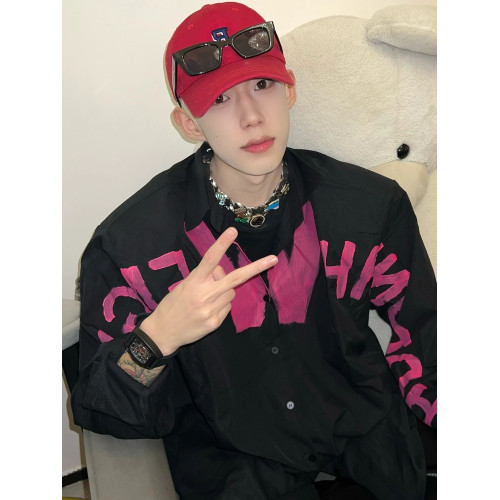 歐美hiphop設計感塗鴉撞色長袖襯衫男vibe高街復古痞帥墊肩外套潮 歐美hiphop設計感塗鴉撞色長袖襯衫男vibe高街復古痞帥墊肩外套潮