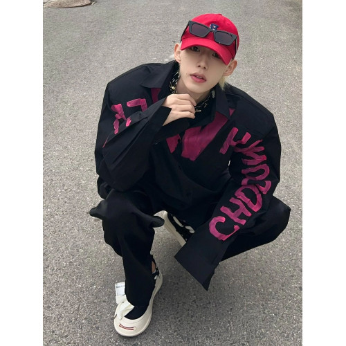 歐美hiphop設計感塗鴉撞色長袖襯衫男vibe高街復古痞帥墊肩外套潮 歐美hiphop設計感塗鴉撞色長袖襯衫男vibe高街復古痞帥墊肩外套潮