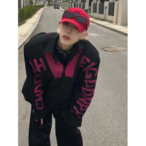 歐美hiphop設計感塗鴉撞色長袖襯衫男vibe高街復古痞帥墊肩外套潮 歐美hiphop設計感塗鴉撞色長袖襯衫男vibe高街復古痞帥墊肩外套潮