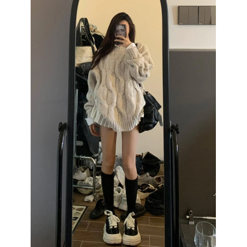 日系奶fufu麻花圓領毛衣女秋冬寬松慵懶風bf軟糯加厚針織衫外套潮