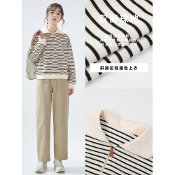 「GUIER」繙領條紋衛衣女春秋裝2025設計感法式拼接拉鍊撞色上衣