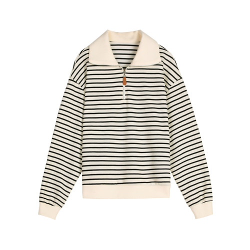 「GUIER」繙領條紋衛衣女春秋裝2025設計感法式拼接拉鍊撞色上衣