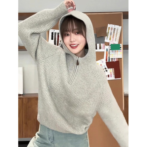 慵懶風秋冬半拉鍊連帽毛衣女款2024新款冬季爆款外穿寬松針織上衣