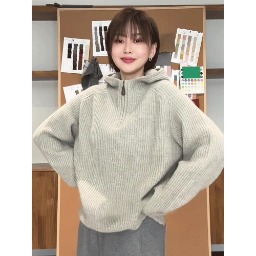 慵懶風秋冬半拉鍊連帽毛衣女款2024新款冬季爆款外穿寬松針織上衣