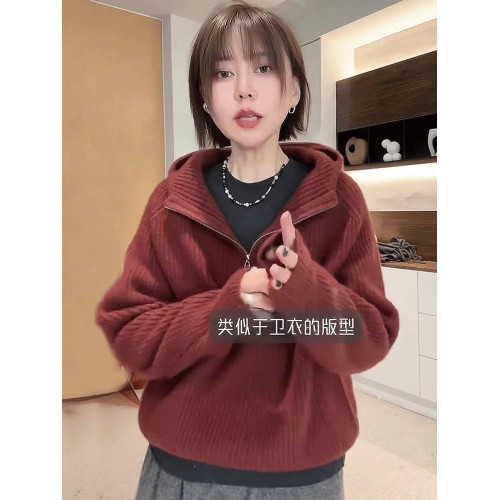慵懶風秋冬半拉鍊連帽毛衣女款2024新款冬季爆款外穿寬松針織上衣