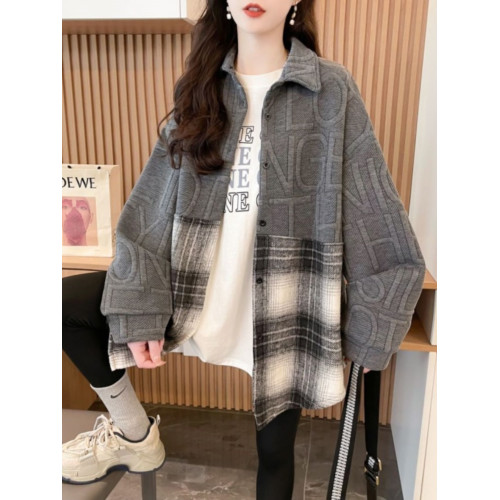 美式復古格子長袖襯衫外套女春秋冬設計感小衆中長款加絨加厚襯衣