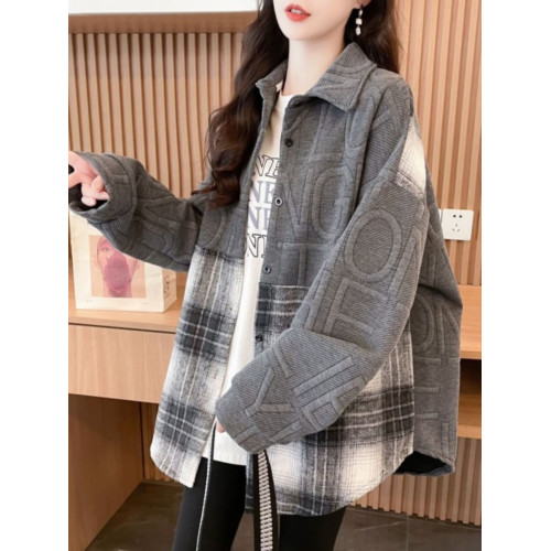 美式復古格子長袖襯衫外套女春秋冬設計感小衆中長款加絨加厚襯衣