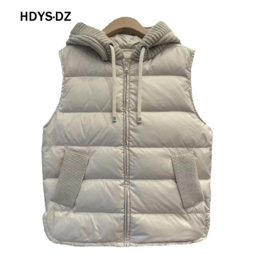 2024新款秋冬歐貨輕薄短款針織拼接連帽白鴨絨羽絨馬甲背心羽絨服