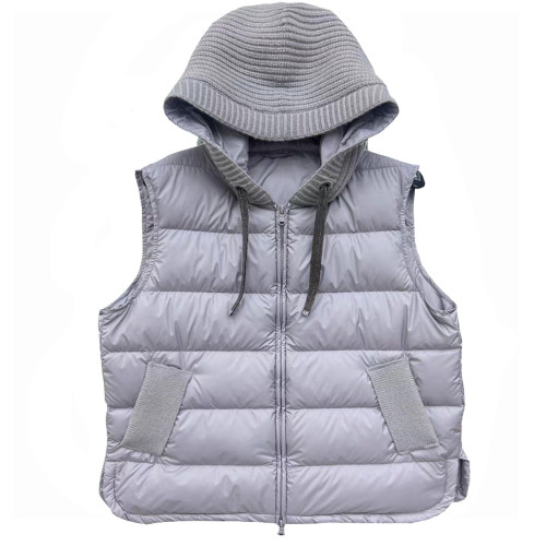 2024新款秋冬歐貨輕薄短款針織拼接連帽白鴨絨羽絨馬甲背心羽絨服