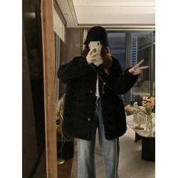 高級感仿羊羔毛絨麂皮絨中長款皮毛一體外套女黑色寬松2025冬新款