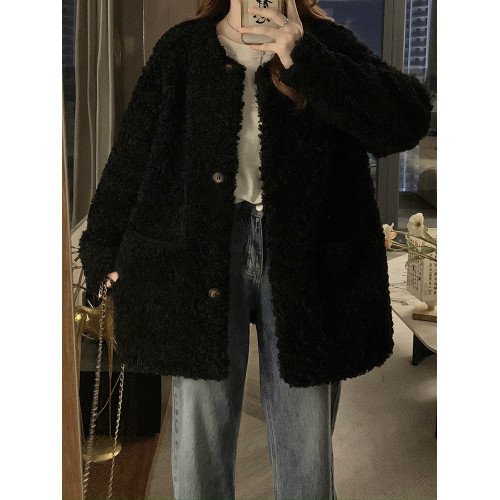 高級感仿羊羔毛絨麂皮絨中長款皮毛一體外套女黑色寬松2025冬新款