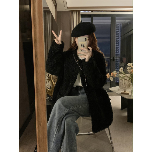 高級感仿羊羔毛絨麂皮絨中長款皮毛一體外套女黑色寬松2025冬新款