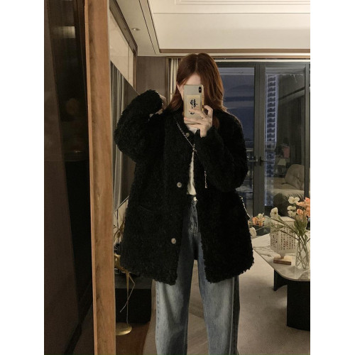 高級感仿羊羔毛絨麂皮絨中長款皮毛一體外套女黑色寬松2025冬新款