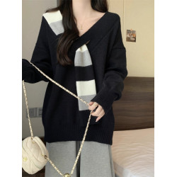 韓系條紋假圍巾V領毛衣女秋冬2025新款慵懶風寬松上衣針織衫加厚