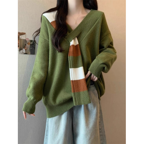 韓系條紋假圍巾V領毛衣女秋冬2025新款慵懶風寬松上衣針織衫加厚