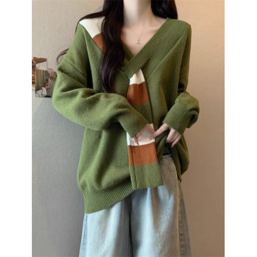 韓系條紋假圍巾V領毛衣女秋冬2025新款慵懶風寬松上衣針織衫加厚