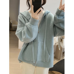 大碼女裝寬鬆連帽拉鍊毛衣女冬季胖mm慵嬾風軟糯針織開衫上衣外套