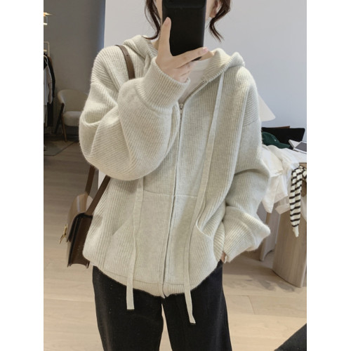 大碼女裝寬鬆連帽拉鍊毛衣女冬季胖mm慵嬾風軟糯針織開衫上衣外套