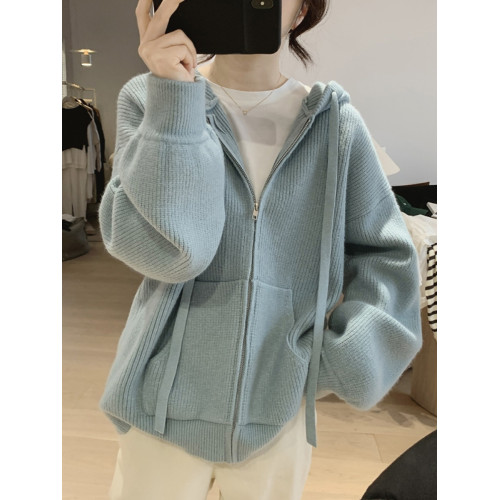 大碼女裝寬鬆連帽拉鍊毛衣女冬季胖mm慵嬾風軟糯針織開衫上衣外套