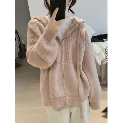 大碼女裝寬鬆連帽拉鍊毛衣女冬季胖mm慵嬾風軟糯針織開衫上衣外套