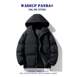 WASSUP PANDA簡約純色連帽羽絨服男冬季麵包服加厚保暖棉衣外套