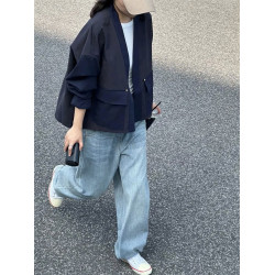 日系復古寬松V領小個子夾克外套女秋季高級感氣質工裝風短款上衣
