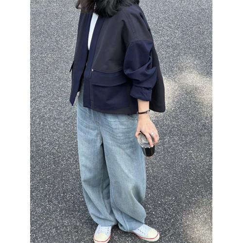 日系復古寬松V領小個子夾克外套女秋季高級感氣質工裝風短款上衣