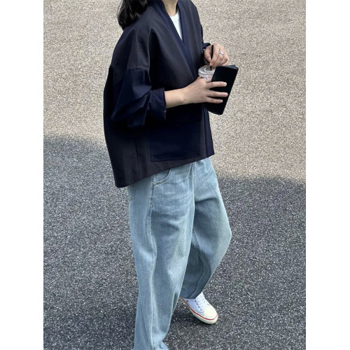 日系復古寬松V領小個子夾克外套女秋季高級感氣質工裝風短款上衣