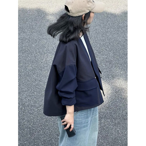 日系復古寬松V領小個子夾克外套女秋季高級感氣質工裝風短款上衣