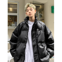 國潮PU皮羽絨服男款冬季寬松痞帥美式潮牌百搭加厚保暖棉服外套