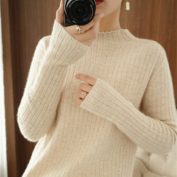 半高領羊絨毛衣女寬松外穿春秋冬爆款洋氣百搭針織上衣中領打底衫