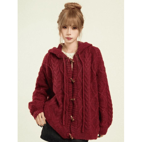 新年紅色麻花牛角釦連帽毛衣針織開衫外套女秋冬季加厚寬松慵懶風