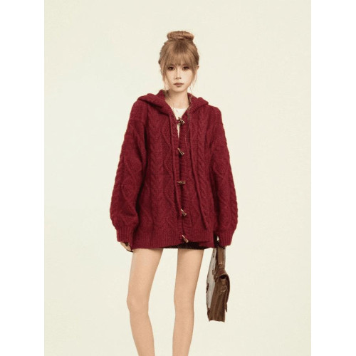 新年紅色麻花牛角釦連帽毛衣針織開衫外套女秋冬季加厚寬松慵懶風