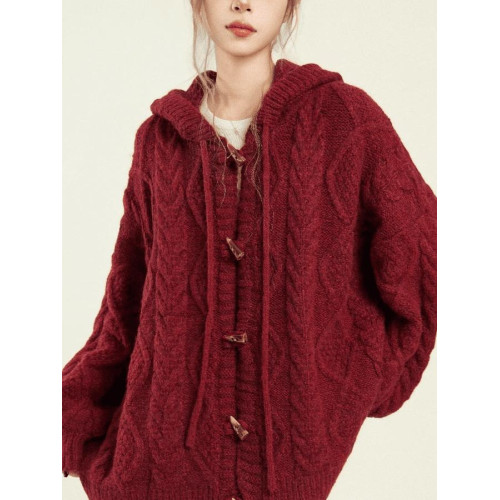 新年紅色麻花牛角釦連帽毛衣針織開衫外套女秋冬季加厚寬松慵懶風