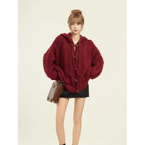 新年紅色麻花牛角釦連帽毛衣針織開衫外套女秋冬季加厚寬松慵懶風