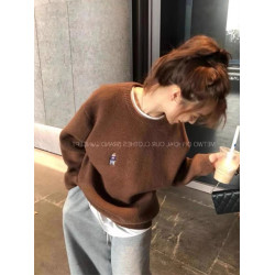 小熊刺綉圓領針織衫女慵懶秋冬季內搭打底衫上衣寬松軟糯加厚毛衣