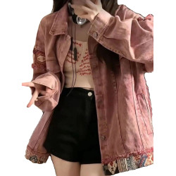 美式髒粉色水洗拼接牛仔外套女春秋季2025新款高級感休閒夾克上衣