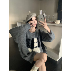 韓系慵懶風加厚秋冬毛衣女2024新款高級感灰色寬松套頭針織衫上衣