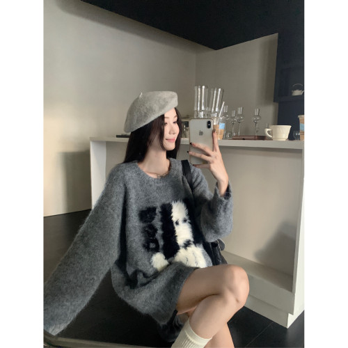 韓系慵懶風加厚秋冬毛衣女2024新款高級感灰色寬松套頭針織衫上衣
