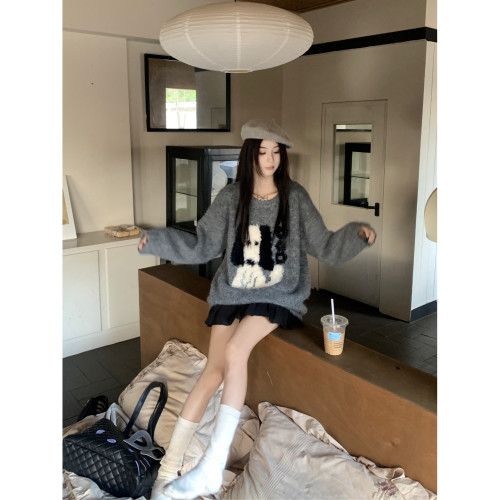 韓系慵懶風加厚秋冬毛衣女2024新款高級感灰色寬松套頭針織衫上衣
