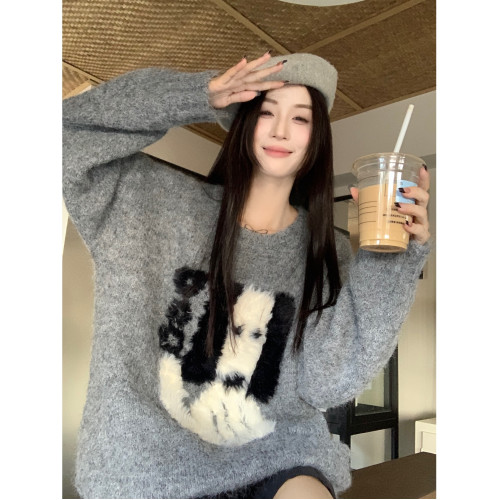 韓系慵懶風加厚秋冬毛衣女2024新款高級感灰色寬松套頭針織衫上衣